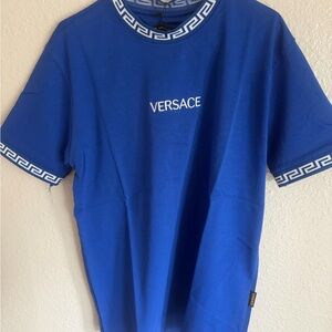Versace Royal Blue Greek Key Logo Crewneck Tee